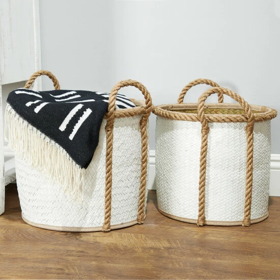 Hot Sale ๐ฅ Studio 350 White Dried Plant Material Coastal Storage Basket (Set Of 3) - S/3 17", 15", 13"W โ