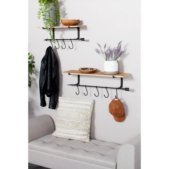 Best Pirce 🎉 Studio 350 Large Industrial Black Metal & Natural Wood Floating Shelves With Wall Hooks & Arrow Accents Set Of 2 32 X 11 & 24 X 11 ✨