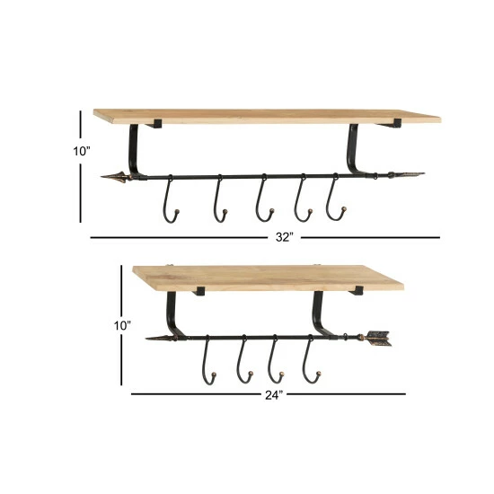 Best Pirce 🎉 Studio 350 Large Industrial Black Metal & Natural Wood Floating Shelves With Wall Hooks & Arrow Accents Set Of 2 32 X 11 & 24 X 11 ✨ - Image 5