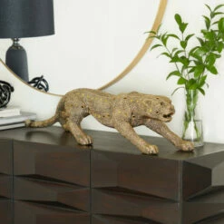 Promo ✨ Studio 350 Gold Polystone Glam Leopard Sculpture With Diamond Shaped Mirrored Accent ✨