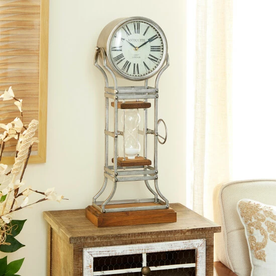 Outlet ๐ฅ Studio 350 Silver Metal Wood Base Vintage Eclectic Analog Table Clock - 14 X 7 X 23 ๐ฏ