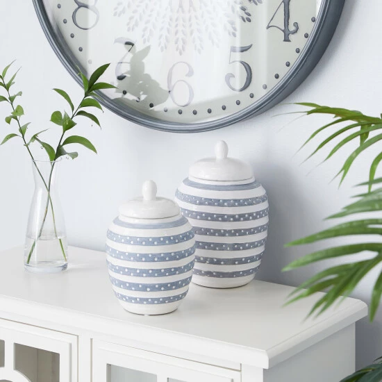 Promo 🔥 Studio 350 White Ceramic Coastal Decorative Jar (Set Of 2) - S/2 8.5", 9.75"H ✔️