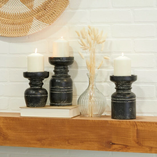 Hot Sale 🎉 Studio 350 Black Wood Traditional Candle Holder ( Set Of 3) - S/3 9", 7", 6"H 🔥