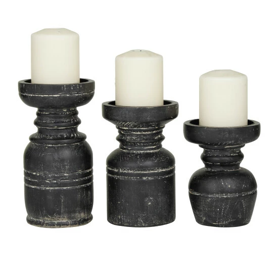 Hot Sale 🎉 Studio 350 Black Wood Traditional Candle Holder ( Set Of 3) - S/3 9", 7", 6"H 🔥 - Image 2