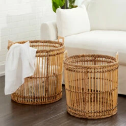 Promo 👏 Studio 350 Large Birdcage-Shaped Natural Bamboo Baskets W/ Banana Leaf Detail Set Of 2 20 X 20 X 17 🎉