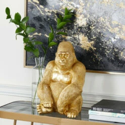 Wholesale 🔔 Studio 350 Gold Polystone Traditional Animal Gorilla Art Sculpture Statue - 11 X 9 X 15 💯