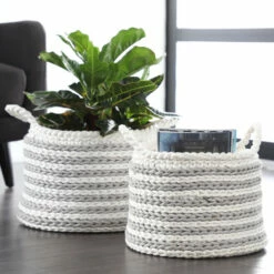 Cheap ✨ Studio 350 Large Round Striped Gray Mesh & White Cotton Rope Storage Baskets Set Of 2 🎉