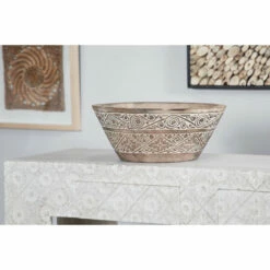 Cheap 🎁 Studio 350 Large Round Decorative Hand-Carved Brown & White Wood Bowl W/ Tribal Design 17.5 X 7 - 18 X 18 X 7Round ⭐