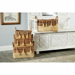 Best reviews of 🤩 Studio 350 Large Rectangular Natural Brown & Beige Banana Leaf Storage Baskets W/ Wood Beads & Tassels Set Of 4: 18.5 16 14 12.5 👏