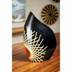 Brand new 🎁 Studio 350 Black Glazed & Bamboo Inlay Banana Wood Vase W/ E" X Posed Bark Detail Large 11.5" X 17" 💯