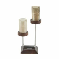 New ❤️ Studio 350 Brown Wood Modern Candle Holder 17 X 9 X 6 🧨