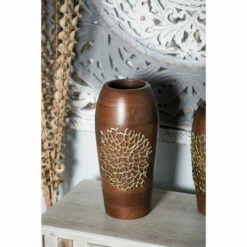 Flash Sale 💯 Studio 350 Large Cylinder Natural Wood Vase With Gold Metal Coral Design 7 X 15 🥰