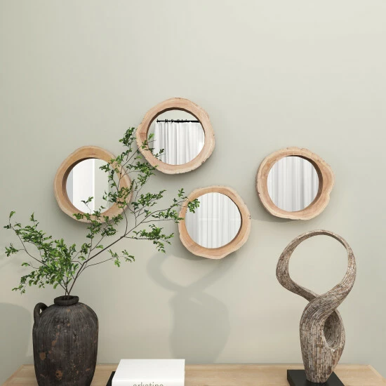 New 🔔 Studio 350 Brown Teak Wood Rustic Wall Mirror (Set Of 4) - 13 X 3 X 13 Round 😍 - Image 4