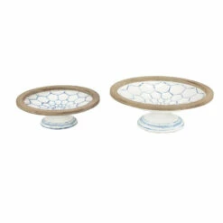 Coupon 😀 Studio 350 Large White And Natural Wood & Metal Decorative Bowls On Pedestals With Blue Designs Set Of 2 - 17 X 17 X 6Round 😍