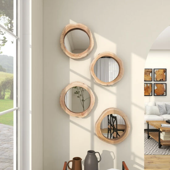 New 🔔 Studio 350 Brown Teak Wood Rustic Wall Mirror (Set Of 4) - 13 X 3 X 13 Round 😍 - Image 6