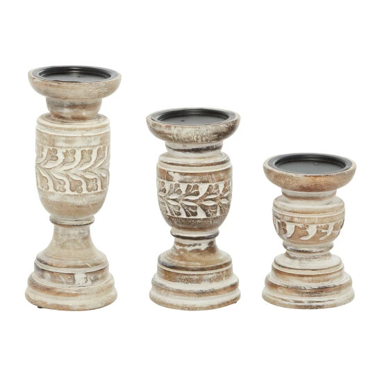 Best Sale ๐งจ Studio 350 Beige Wood Country Cottage Candle Holder (Set Of 3) - 4 X 4 X 10 ๐ - Image 3