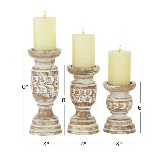 Best Sale ๐งจ Studio 350 Beige Wood Country Cottage Candle Holder (Set Of 3) - 4 X 4 X 10 ๐ - Image 5
