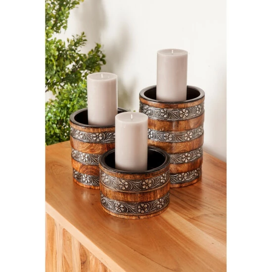 Discount 🌟 Studio 350 Brown Wood Rustic Candle Holder Set Of 3 8 X 6 X 6 😀 - Image 5