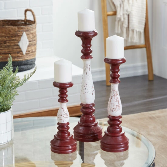 Outlet ๐ฏ Studio 350 Red Wood Farmhouse Candle Holder (Set Of 3) - 5 X 5 X 20 โ๏ธ