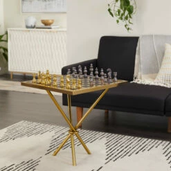 Best Sale 💯 Studio 350 Metal Contemporary Chess Game Set Table In Gold Or Silver - 22"W, 25"H 😀