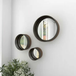 Hot Sale 🧨 Studio 350 Black Metal Contemporary Wall Mirror (Set Of 3) - 16 X 5 X 16Round 🎁