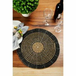 Promo 😉 Studio 350 Round Striped Gray & Natural Seagrass Placemats Set Of 4 15 - 15 X 15 X 1Round 🧨