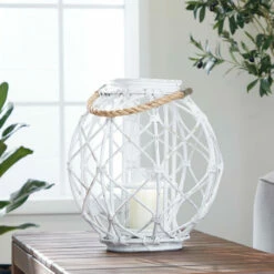 Wholesale ✨ Studio 350 15 X 15 Large Woven Rattan White Lantern W/ith Burlap Jute Rope Handle & Glass Insert ✨