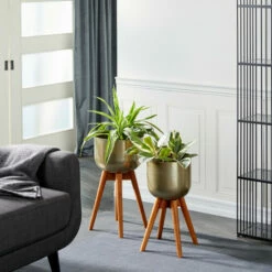 Best deal 💯 Studio 350 Gold Brushed Metal With Wood Legs Boho Contemporary Modern Planter (Set Of 2) - 13 X 13 X 24Round 🌟