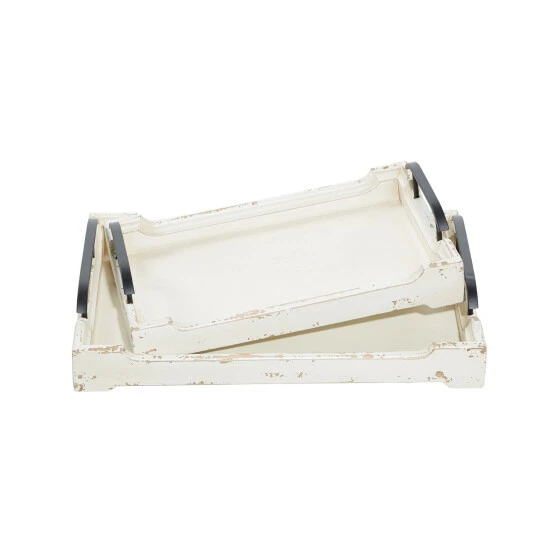 Flash Sale 🔥 Studio 350 White Distressed Wood Vintage Farmhouse Traditional Tray (Set Of 2) - 20 X 13 X 4 🎁 - Image 2