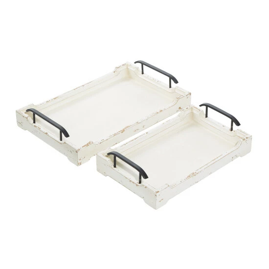 Flash Sale 🔥 Studio 350 White Distressed Wood Vintage Farmhouse Traditional Tray (Set Of 2) - 20 X 13 X 4 🎁 - Image 3