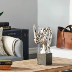 Budget 😀 Studio 350 Silver Polystone Eclectic Sculpture Rhino 17 X 11 X 6 - 11 X 6 X 17 🧨