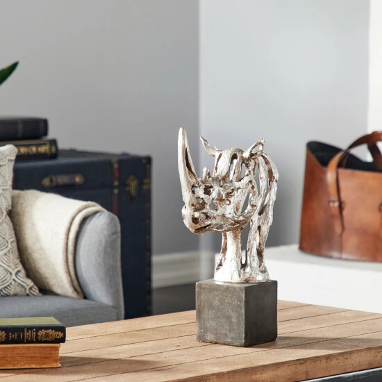 Budget ๐ Studio 350 Silver Polystone Eclectic Sculpture Rhino 17 X 11 X 6 - 11 X 6 X 17 ๐งจ