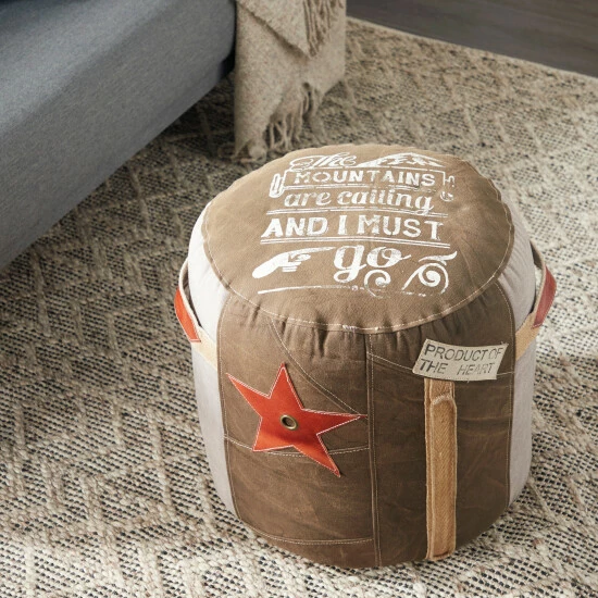 Best Pirce 😍 Studio 350 Brown Canvas Rustic Pouf Quotes & Sayings 19 X 17 X 17 - 17 X 17 X 19Round 🎁