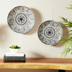 Hot Sale ⌛ Studio 350 Large Round Black And White Ceramic Decorative Wall Plates W Eclectic Geometric Patterns Set Of 2 15" 😉
