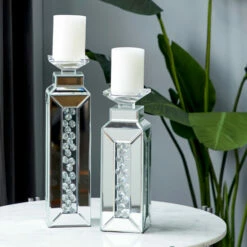 Deals 😉 Studio 350 Silver Wood Glam Candle Holder (Set Of 2) - 4 X 4 X 15 🎉