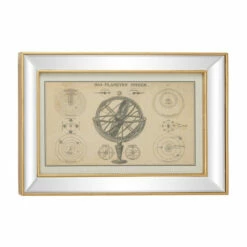 Hot Sale 👍 Studio 350 Large Vintage Style Planetary System Diagram And Armillary Illustration Textile In Rectangular Mirror And Gold Frame 28.5 X 19.5 ⭐