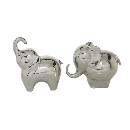 Outlet 👍 Studio 350 Porcelain Contemporary Sculpture Elephant (Set Of 2) - S/2 6", 7"H Silver 🤩 - Image 4