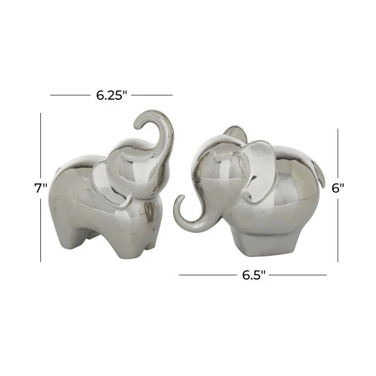 Outlet 👍 Studio 350 Porcelain Contemporary Sculpture Elephant (Set Of 2) - S/2 6", 7"H Silver 🤩 - Image 6