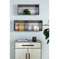 Promo โญ Studio 350 Large Rustic Style Rectangular Gray Metal & Brown Wood Wall Shelf, 31.4" X 12" ๐ฅฐ