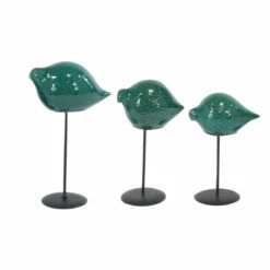 Promo 🤩 Studio 350 Modern Ceramic Green Birds With Metal Stands (Set Of 3) ❤️
