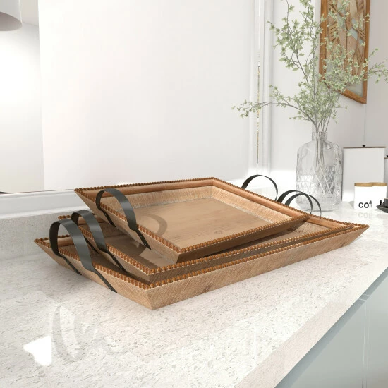 Brand new 🔔 Studio 350 Brown Wood Coastal Tray (Set Of 3) - 27 X 15 X 5 ⌛ - Image 3