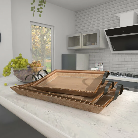 Brand new 🔔 Studio 350 Brown Wood Coastal Tray (Set Of 3) - 27 X 15 X 5 ⌛ - Image 7