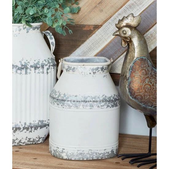 Hot Sale ๐ Studio 350 White Iron Distressed Rustic Farmhouse Decorative Jug Jars (Set Of 2) - S/2 11", 14"H ๐