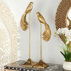 Discount 🥰 Studio 350 Gold Aluminum Eclectic Sculpture Bird (Set Of 2) - 6 X 8 X 27 And 7 X 12 X 32 ⭐