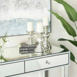 Deals 💯 Studio 350 Metallic Silver Glass Glam Candle Holder (Set Of 3) - S/3 10", 8", 6"H 🌟