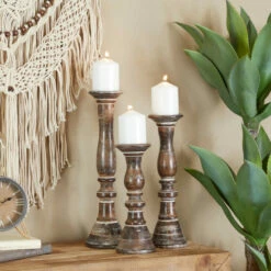 Wholesale 🤩 Studio 350 Wood Traditional Candle Holder (Set Of 3) - S/3 18, 15, 12"H Brown 🔥