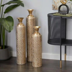 Buy โค๏ธ Studio 350 Set Of 3 Contemporary Glam Gold Iron Vases Plaid Antique Brass ๐ฏ