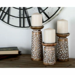 Buy 🤩 Studio 350 Botanical Design Brown Mango Wood 3-piece Candle Holder Set 😍