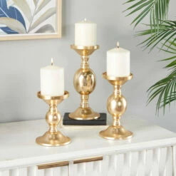 Best Sale ⭐ Studio 350 Aluminum Transitional Candle Holders Set Of 3 - S/3 10", 8", 6"H Gold 🤩
