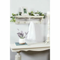 Coupon 🎉 Studio 350 Long Rectangular Distressed White Wood Wall Shelf With Hook Rack & Metal Scrollwork 34 X 9.5 - 34 X 6 X 10 🤩